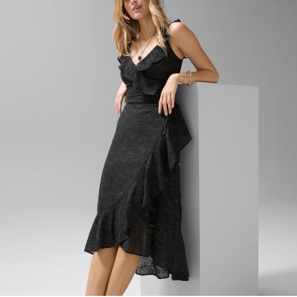WHBM Black Eyelet Ruffle Faux Wrap Midi Dress